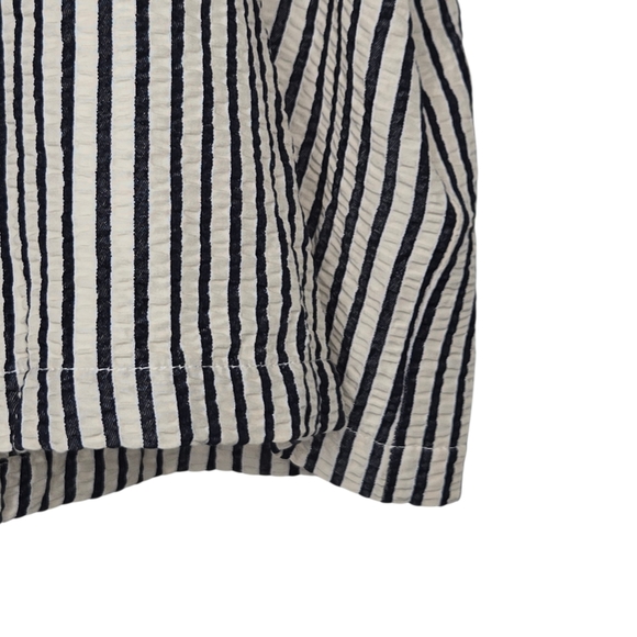 ZARA Womens Navy Striped Puff Sleeve Tie Bow Front Seersucker Blouse Medium - Picture 5 of 9